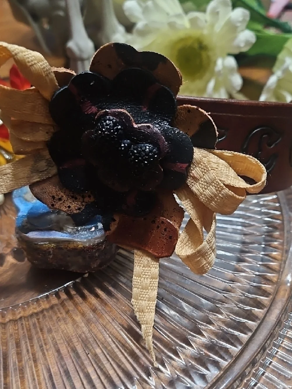 Hand Crafted Genuine Leather Floral Dog Bow Charm NEW Gifted